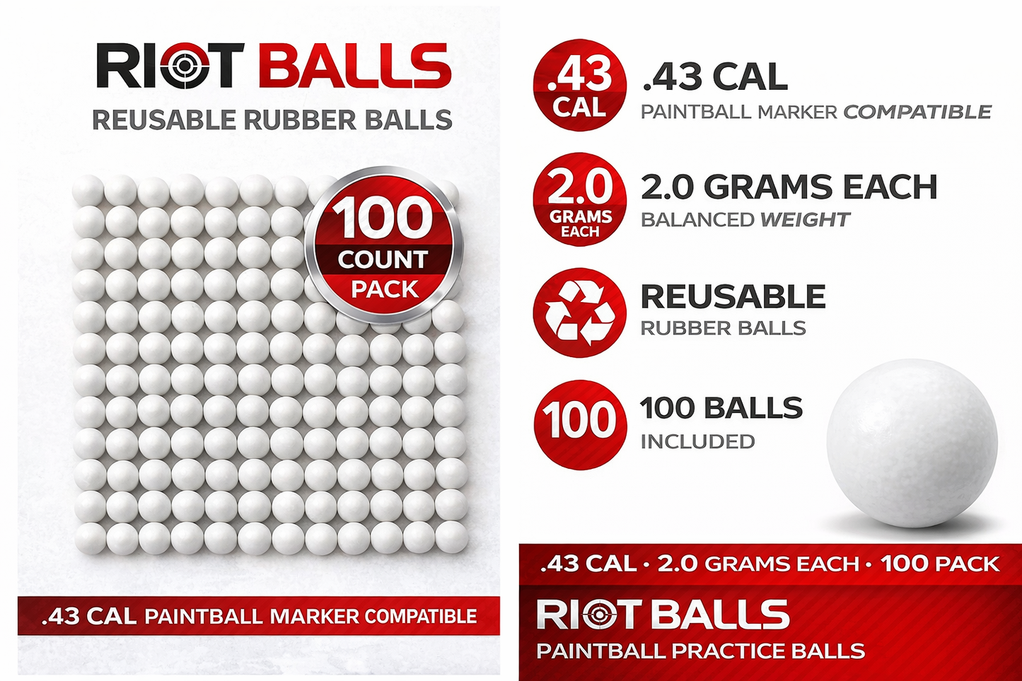 RIOT BALLS .43 Cal Reusable Training Balls – 2.0g Steel Core PVC Coated – 100 Pack Black White